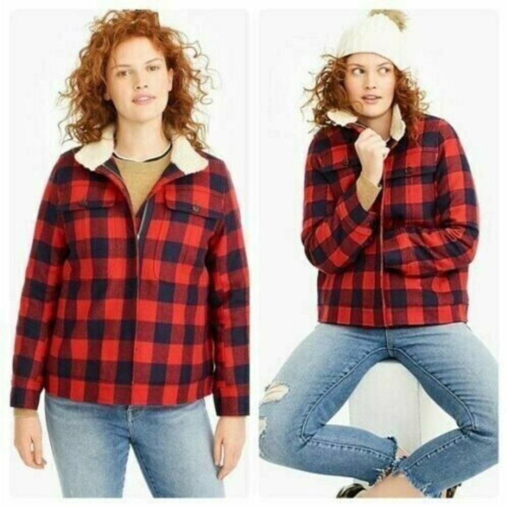 J. Crew Red and Black Plaid Sherpa-Trim Utility Jacket